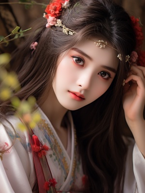 一个具有中国古代风格的美丽女孩，女神郭曼，古代美女，美丽的古代壁纸，口红，绝世美女，长长的直发，光滑的头发，浓妆，精致完美的面部特征，最美丽的大眼睛，红晕，（仰卧），长发，以粉色汉服，薄纱和玫瑰为背景，阳光，亮点，极致的画面质量，最高精度和高清晰度，高清，