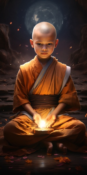 Little Boy in Monk Outfit Meditating with Candles