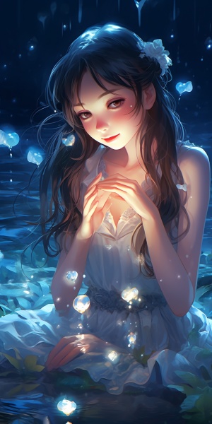 水汪汪大眼爱心瞳的美少女在水中燃烧着水花