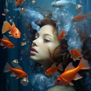水下美女，气泡，金鱼，蓝色