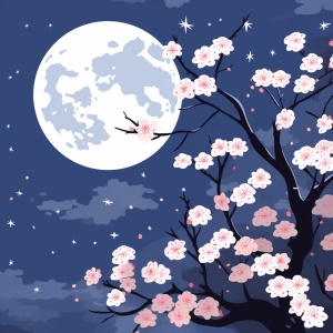 夜晚天空的明月与一枝清晰的梅花