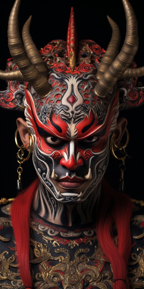 Portrait,of,warrior,whose,mask,is,a,mix,of,indian,kathakali,makeup,and,japanese,oni,demon,mark