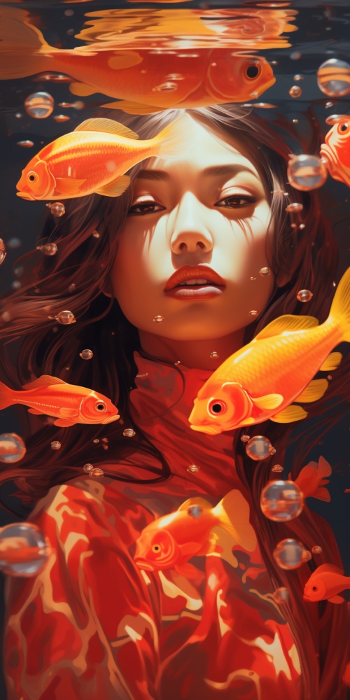 Chinese,style,,face,close-up,,Ethnic,style,woman,and,Red,fish,,dreamy,,liquid,eyes,,front,view,,New,Sea,City,,underwater,,in,the,style,of,Katsuhiro,Otomo,,head,up,,in,a,realistic,super,detail,rendering,style,,glow,,yellow,,blue,,paintbrush,,surreal,oil,,exaggerated,perspective,,Tindar,effect,,Water,drop,,Mother,of,Pearl,Rainbow,,holographic,white,,Cyan,background,shindella,mrtd,new,album,poster,,in,the,style,of,brandon,woelfel,,inspired,by,Marine,biology,,contemplative,portraits,,circles,,immersive,environm