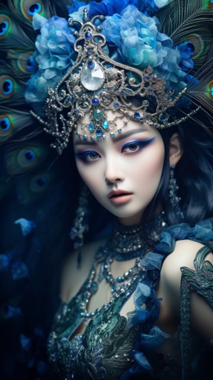 In,china,,a,peak,price,,with,a,blue,and,green,hue,and,a,noble,and,elegant,atmosphere,,high,saturation,style,,movie,details,,creamy,skin,,soft,light,,clear,facial,features,,dancing,,Monster,,Character,close-up,,Peacock,feathers,,rule,of,thirds,composition,,Long,Shot,,surreal,photography,,8K,Resolution