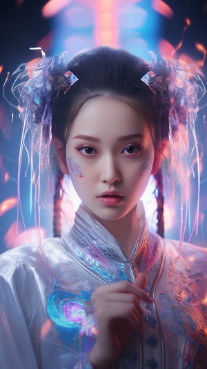 Chinese,young,girl,,with,a,3D,three-dimensional,face,,fair,skin,,exquisite,facial,features,,a,fusion,of,Chinese,Hanfu,and,mecha,,a,touch,of,porcelain,,cyberpunk,style,,wide-angle,lens,,holographic,projection,,glowing,brush,strokes,,strong,contrast,between,light,and,dark,,holographic,ribbons,around,the,waist,,Chinese,martial,arts,movements,,16k,,3D,,art,,realism,,high,detail,,and,the,highest,quality