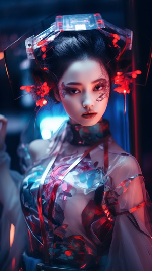 Chinese,young,girl,,with,a,3D,three-dimensional,face,,fair,skin,,exquisite,facial,features,,a,fusion,of,Chinese,Hanfu,and,mecha,,a,touch,of,porcelain,,cyberpunk,style,,wide-angle,lens,,holographic,projection,,glowing,brush,strokes,,strong,contrast,between,light,and,dark,,holographic,ribbons,around,the,waist,,Chinese,martial,arts,movements,,16k,,3D,,art,,realism,,high,detail,,and,the,highest,quality