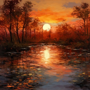 生成一副高清油画风格的图。夕阳西下，一片静谧的树林，河水穿树林而过，夕阳的余晖洒在河面上。色彩要分明，光影要有层次，整个画面要有温暖安静的感觉。