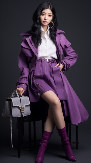 中国时尚模特展示紫色秋装套装与高筒靴