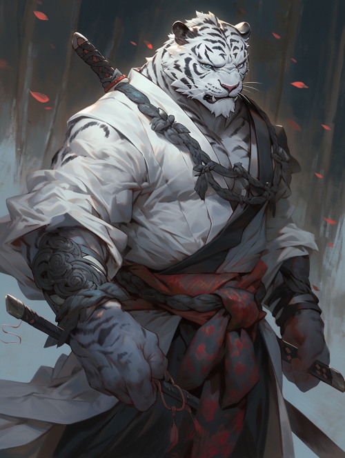 白虎，兽人，拿着武器，霸气