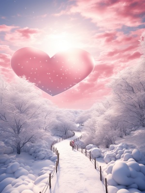 冬天,雪地里掉落一朵粉色爱心形云朵,一条弯曲的雪路,超高清