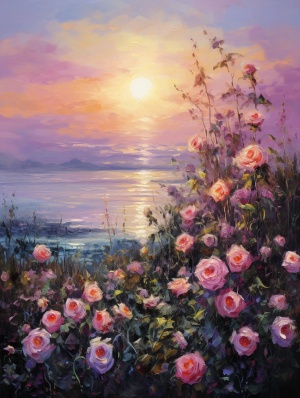 落日，花，紫色大玫瑰