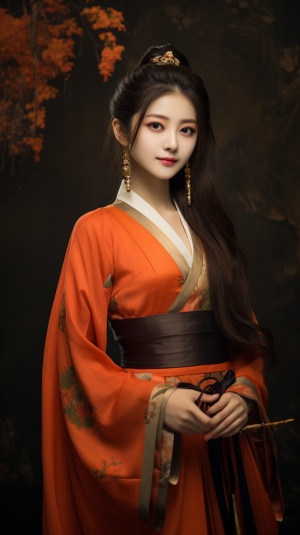 中国模特，穿搭，宋制汉服，橙色为主色调，纯色背景。衣服细节展示。全身像，模特古装造型，古代发饰。绝美！
