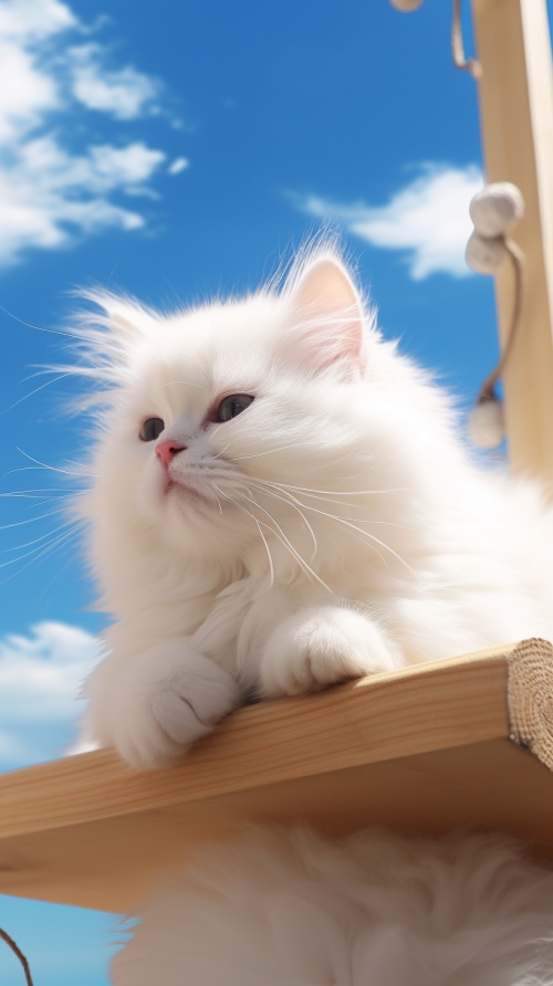 白猫，头上有黑色人字花纹，躺在木制猫爬架上，背景是天空