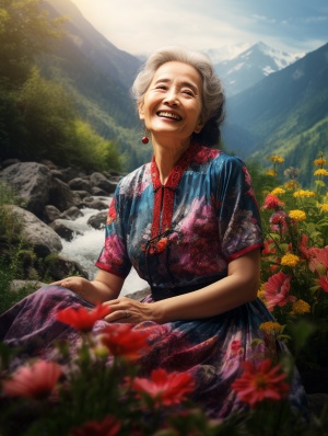 中老年女性在旷野中的慈祥微笑和美丽风光