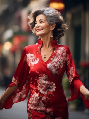中老年女性甜蜜微笑旗袍走秀在巴黎街头