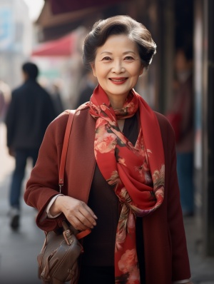 中国人，中老年女性，精神饱满，带着甜蜜微笑，戴着丝巾，身着旗袍，在街头走秀，时尚美感，写实摄影风格，超高分辨率，超高清，全景