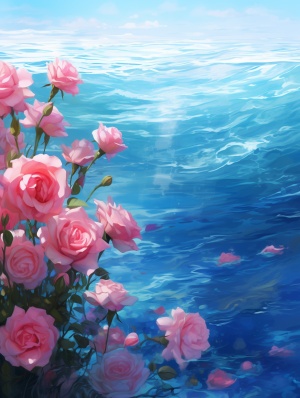 平静蓝色大海中的美丽粉红与红色玫瑰