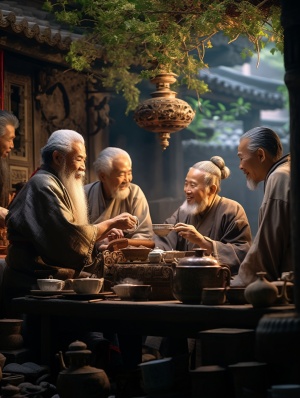 唯美的风景，中老人一起喝茶聊天，服装各异，中式风格，环境是古镇，又热腾腾的茶炉，有宠物，超高分辨率，写实摄影风格，全景