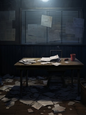 警局，办公室，黑板报上有几张撕碎的报纸，在黑板报前方有一张桌子，还有椅子，桌子上还有两三本书籍和钢笔
