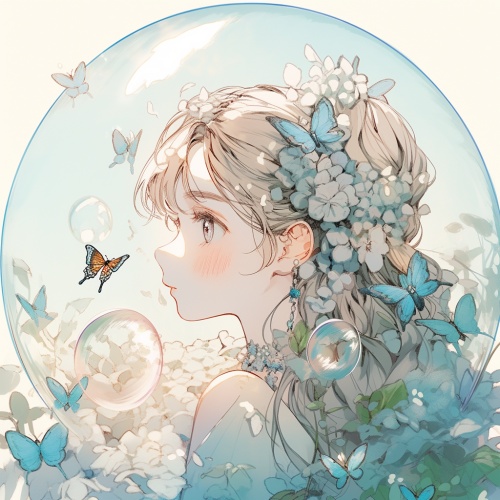 一位女孩，泡泡，在花丛，蝴蝶