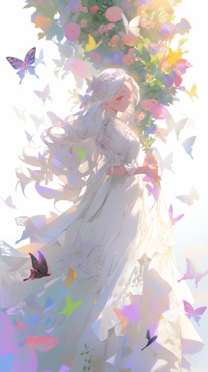 Beautiful Fairy in White Robe Surrounded by Colorful Butterflies