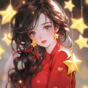 国庆节卡通女孩，中国红衣上的黄星照