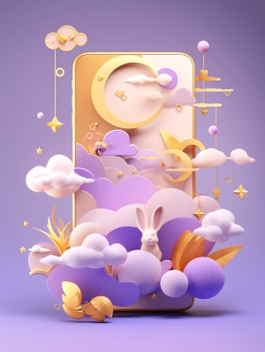 Mobile,phone,opening,page,,Chinese,Mid,-,Autumn,Festival,,composed,of,light,purple,and,yellow,,lots,of,smoke,clouds,,a,golden,full,moon,,a,small,white,rabbit,,playful,dream,-,style,mooncake,image,,rendered,in,Cinema4D,,using,a,light,background,,made,of,cheese,,toy,core