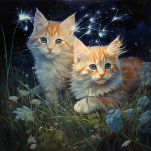 两只猫咪，金色毛发，蓝色眼睛，在草丛中玩耍