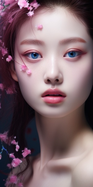 Real life model's skin color and freckles in the style of Zhang Jingna, shinyglossy dark azure and pink, Hallyu AR 12:7