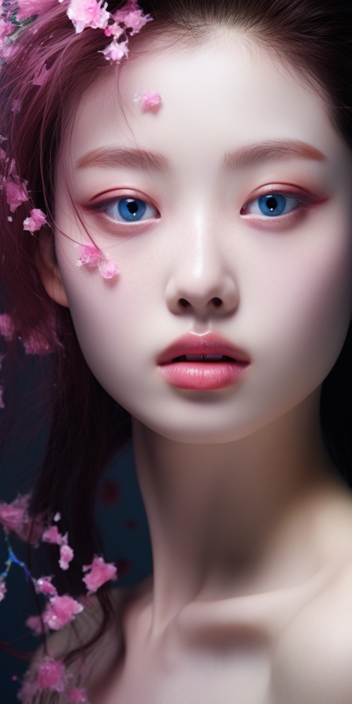 real,life,model's,skin,color,and,skin,color,with,freckles,,in,the,style,of,[zhang,jingna],,shinyglossy,,dark,azure,and,pink,,hallyu,ar,12:7