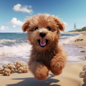 可爱小泰迪奔跑在沙滩上
