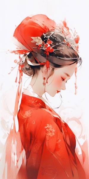 a,girl,wearing,a,red,wedding,dress,,Chinese,classical,beauty,,exquisite,headwear,,shy,expression,,blushing,,shy,,night,,close,perspective,,front,,close,focus,,watercolor,ink,painting,,Chinese,Painting,,high,detail,,hyper,quality,,high,resolution,,8K,