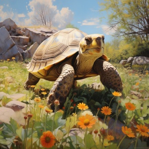 乌龟，在草地上，阳光，花，一颗槐树