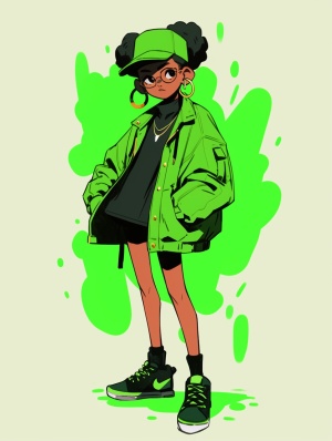 Cute,cartoon,girl,at,work,,green,,,1,with,various,postures,and,expressions,Smile,,happy,,Keith,Harlem,style,graffiti,,clear,illustrations,,bold,lines,and,solid,colors,,simple,details,,minimalism