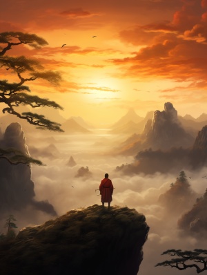 中国山水画风格的夕阳眺望