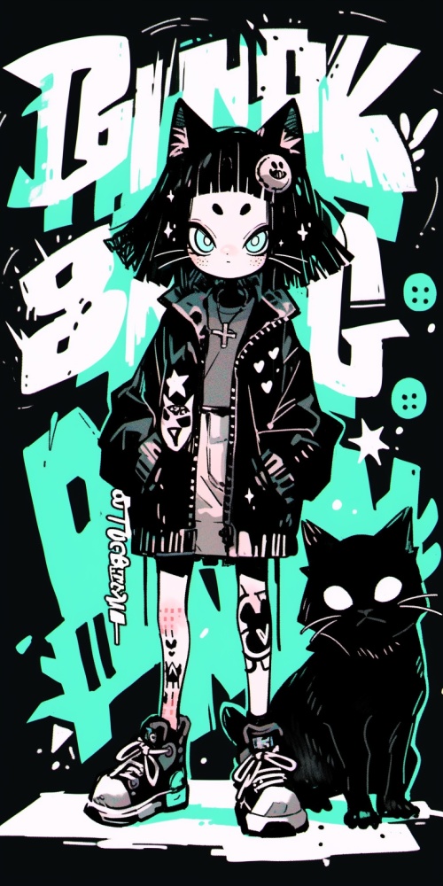 black,cat,with,a,girl，grin,,Dynamic,composition,,in,the,style,of,bold,lettering,,kidcore,,junglepunk,,dolly,kei,,monochromatic,scheme,,larme,kei,ar,3:2,s,100