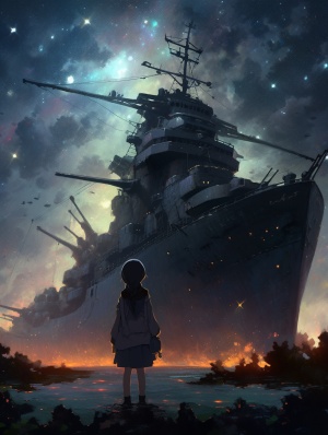 星际，空中，巨大战舰，一个女人站在面前，渺小