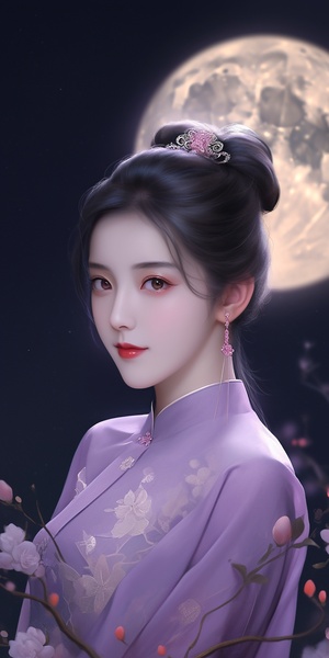 On,Mid-Autumn,Festival,,a,woman,wearing,a,purple,Han,suit,in,ancient,China,,with,large,eyes,,delicate,facial,features,,simple,clothes,,clear,details,,and,a,large,round,moon,in,the,background,,sat,under,the,osmanthus,and,played,the,pipa,in,high,detail,,32K,