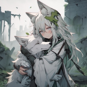 废墟中长着狼耳的动漫女孩抱着狼