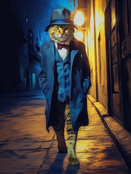 一只猫咪在街上溜达，拟人化设计，穿着时尚的职业装。高清，3d渲染。柔和光线。全景。