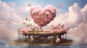 粉红玫瑰花围成中空心形，木制的平台，平台有两捧粉红玫瑰花，天空，有云彩，整个氛围很浪漫。
