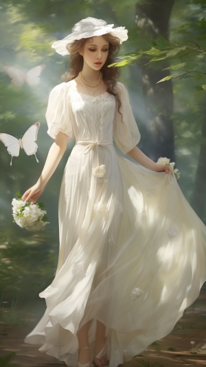 一位优雅漫步在小路上的女士，头戴花环帽，五官精致，皮肤白皙细腻，身材玲珑有致，一身白色的连衣裙，手腕上挂着一只小包，脚穿一双白色水晶鞋身旁蝴蝶翩翩起舞，