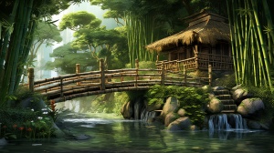 竹林竹屋，篱笆花墙，小桥流水，飘落竹叶