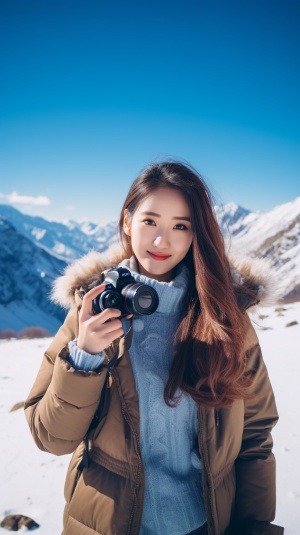 全身，点赞中国脸，带着可爱的笑容看着镜头，美丽的16岁中国女孩，雪山风光摄影，广角镜头，冰川