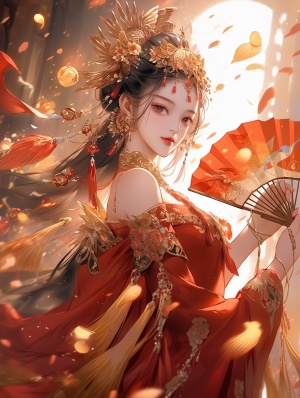 中国古典美女，身穿华服有飘带，头饰华丽整体端庄，折扇金灿灿，花瓣飘落背景！