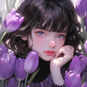 少女与紫色郁金香