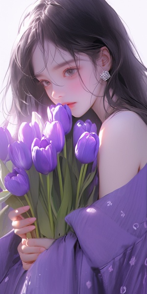 少女与紫色郁金香