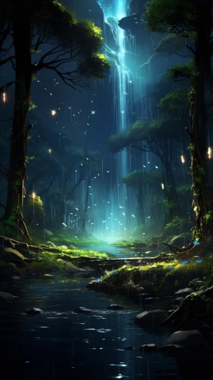 幽暗森林中的鸟、小溪、瀑布和萤火虫