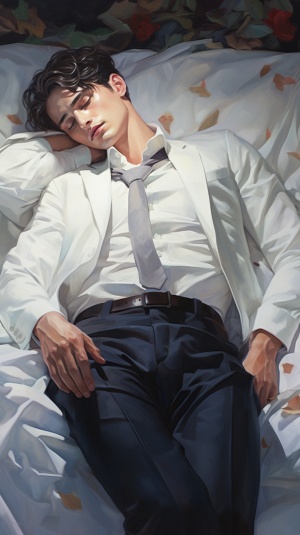 Man in White Suit Laying on Bed of Paper in the Style of Kris Knight, Yuumei, Shinyglossy, Zhang Jingna, Wet-on-wet Blending, Detailed Costumes, Translucent Colorar 3:4
