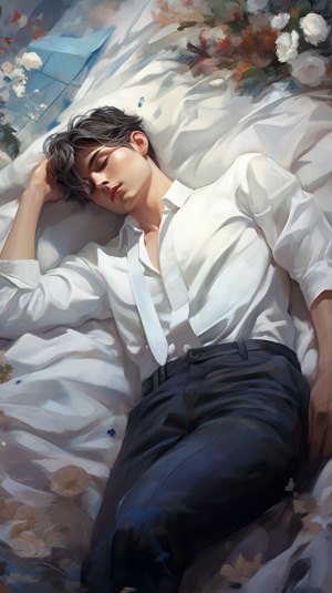 a,man,in,a,white,suit,laying,down,on,top,of,a,bed,of,paper,,in,the,style,of,[kris,knight](https:goo.glsearch?artist%20kris%20knight),,[yuumei](https:goo.glsearch?artist%20yuumei),,shinyglossy,,[zhang,jingna](https:goo.glsearch?artist%20zhang%20jingna),,wet-on-wet,blending,,detailed,costumes,,translucent,colorar,3:4